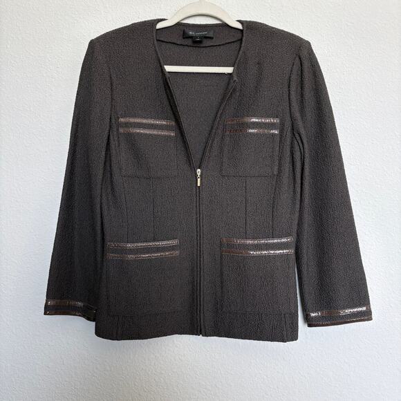 St John Santana Knit Zip Jacket Brown Textured Blazer Pockets Size 8 quietluxury - Picture 2 of 8